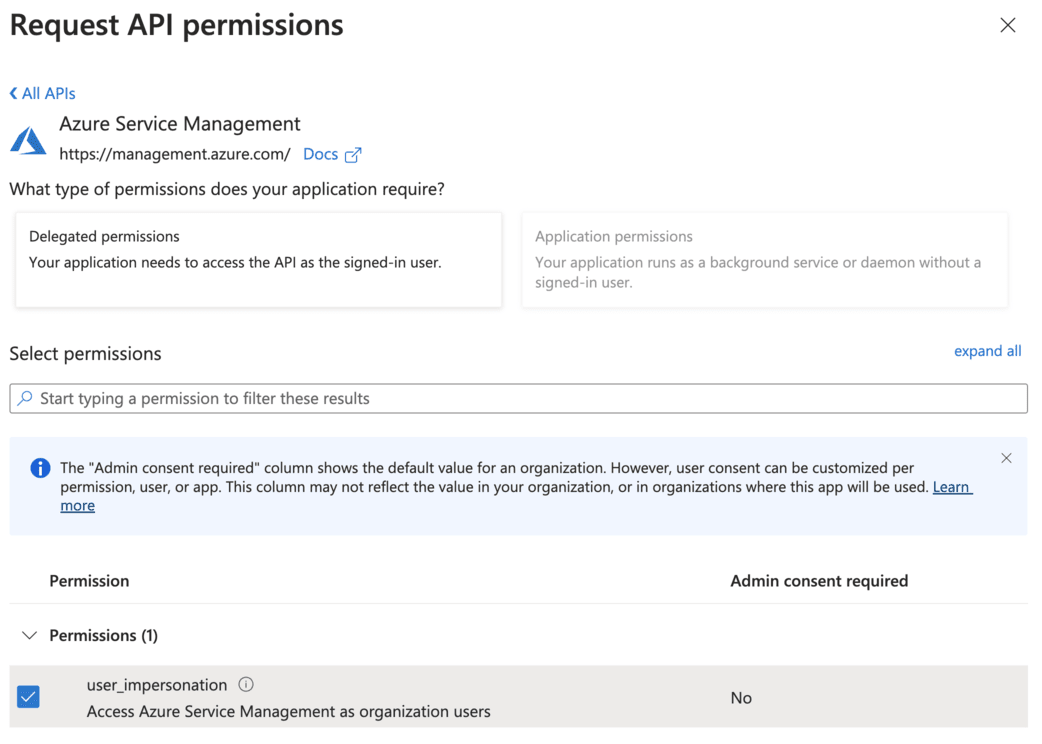 Azure user impersonation permission